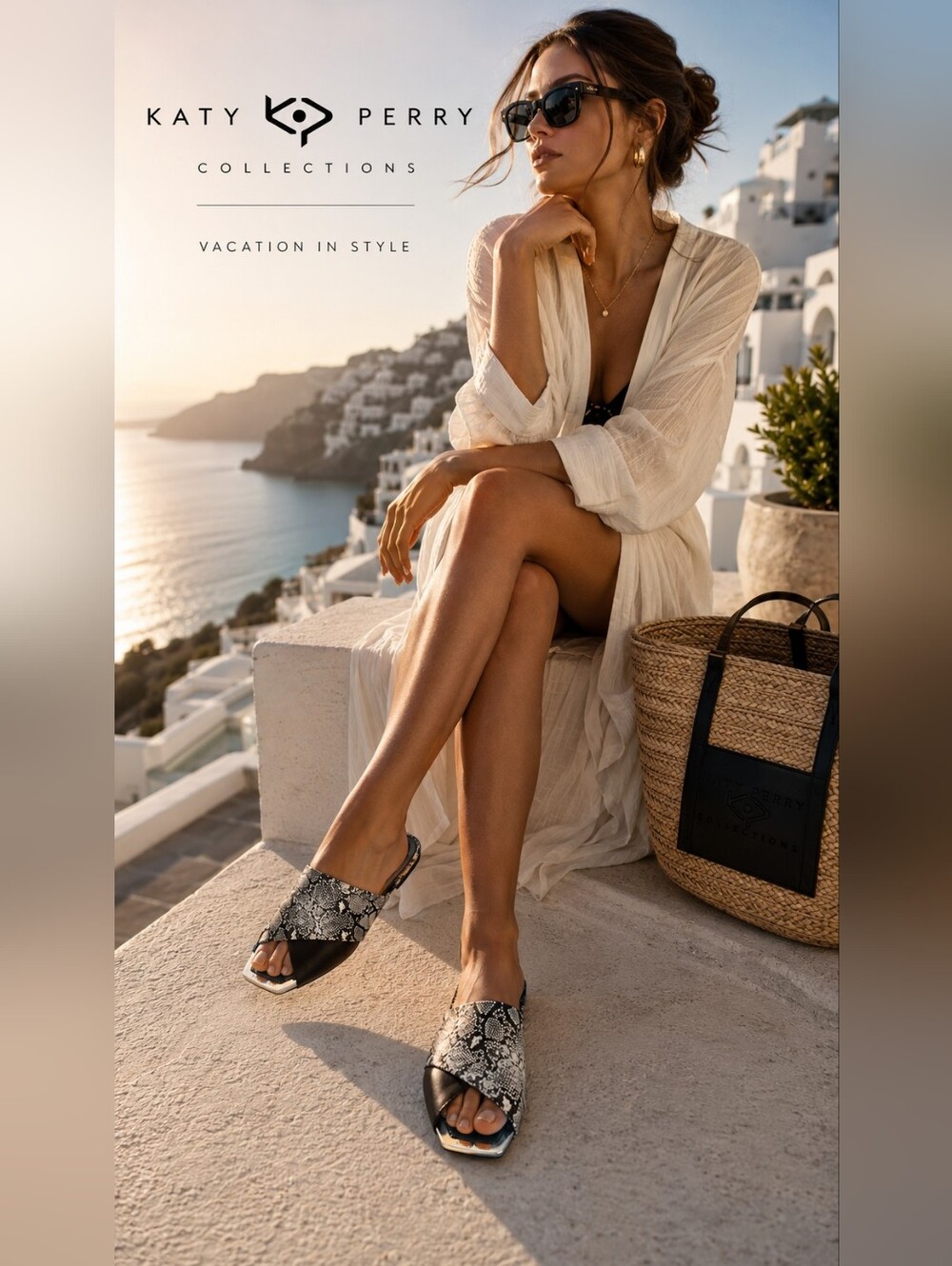 Katy Perry Collections Black & White Snakeskin Slide Sandals NIB Vacation Resort